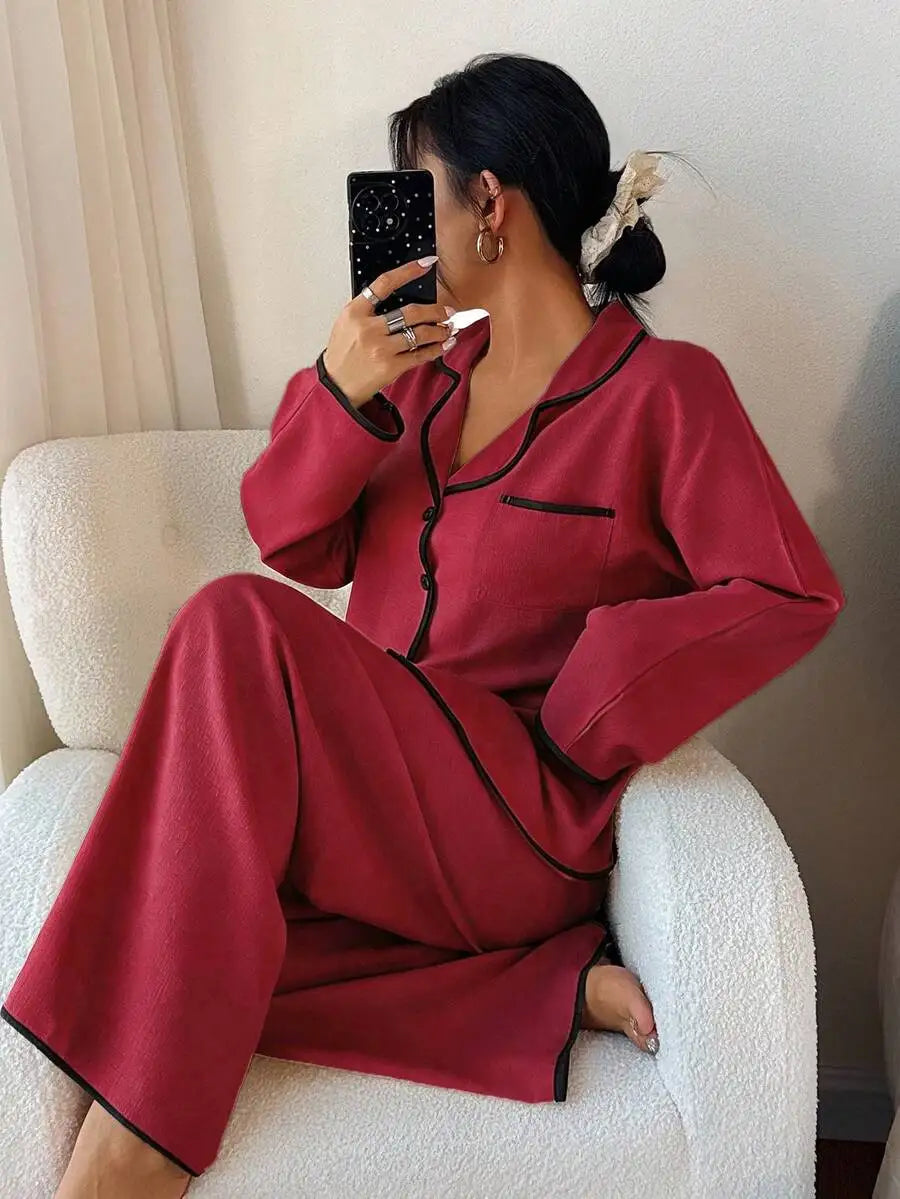 Womens Contrast Trim Lapel Loose Long Sleeve Pajama Set Light Green