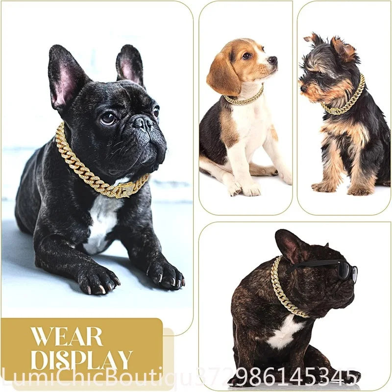 Luxury Gold Metal Dog Chain Collar Bling Pet Jewelry Necklace For Small Medium Large Dogs. Cats .
