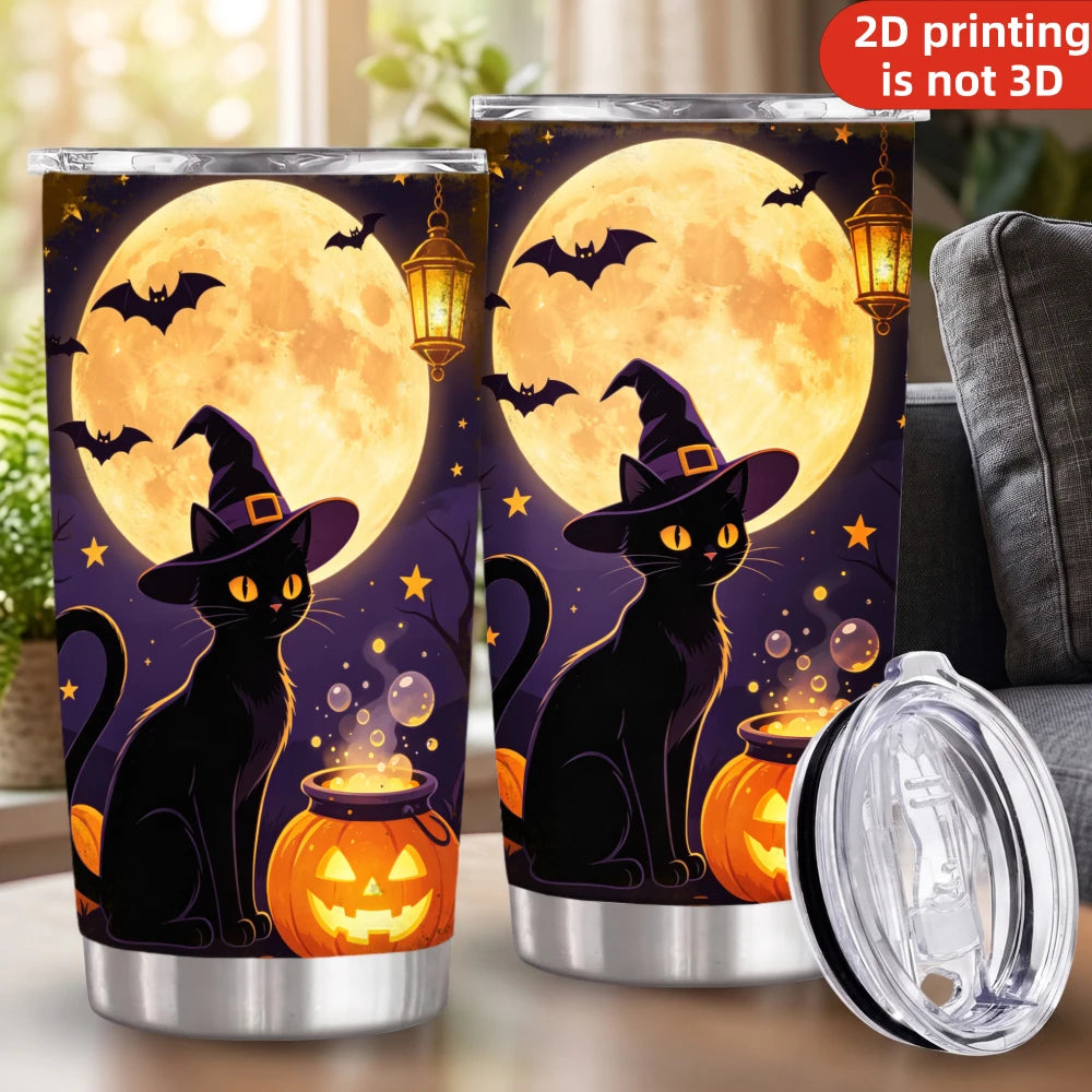 20oz Halloween Black Cat Witch Printed Stainless Steel Tumbler with Lid and Straw, Full Moon Glowing Pumpkin Cauldron Spooky Night .
