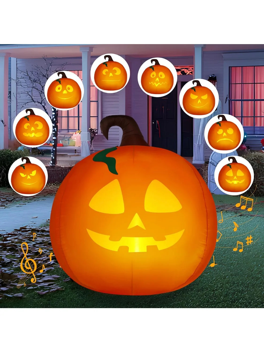 5 Ft Tall Pumpkin with Projector Face and Music Halloween Inflatable Pumpkin Outdoor Decoration Blow Up Yard Decorations with LEDs.