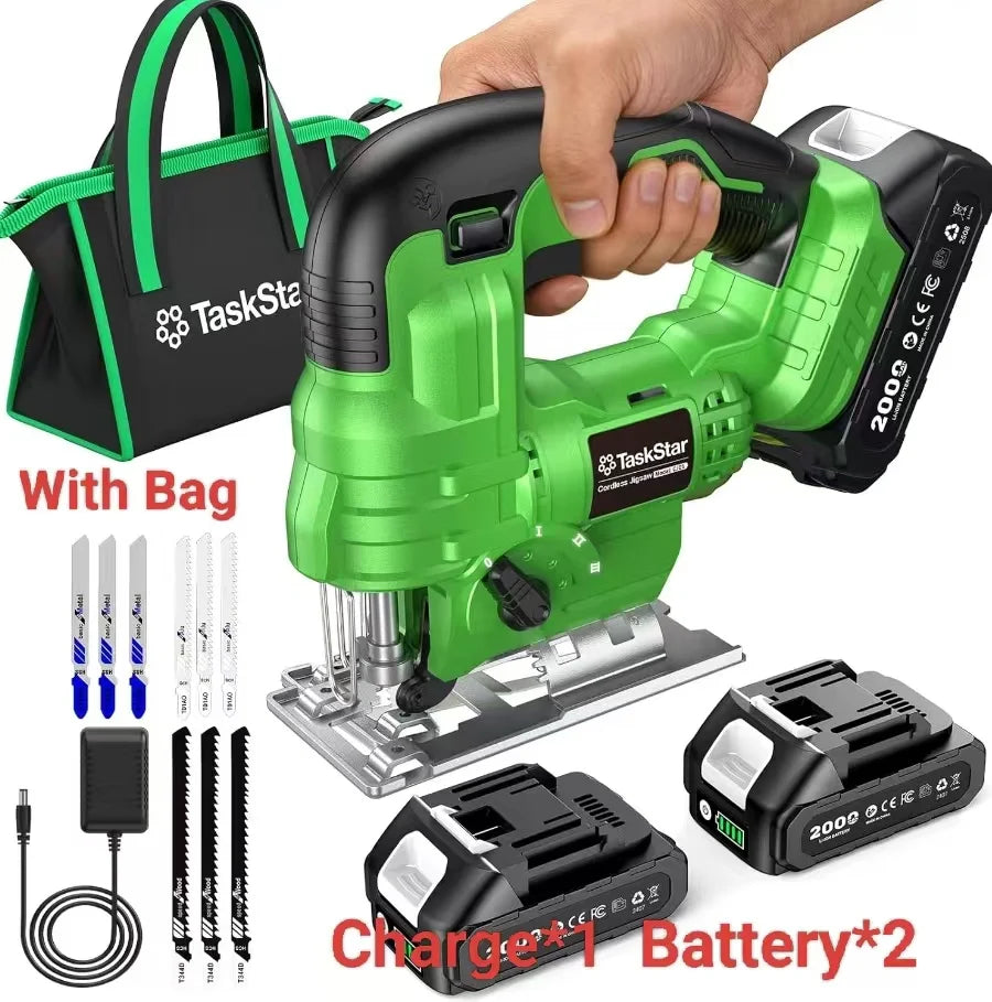 Cordless Jig Saw Tool With 2*4.0Ah Batteries Brushless 9 Blades 0–45° Bevel Cutting 4 Orbital Setting Straight Curved Cuts.