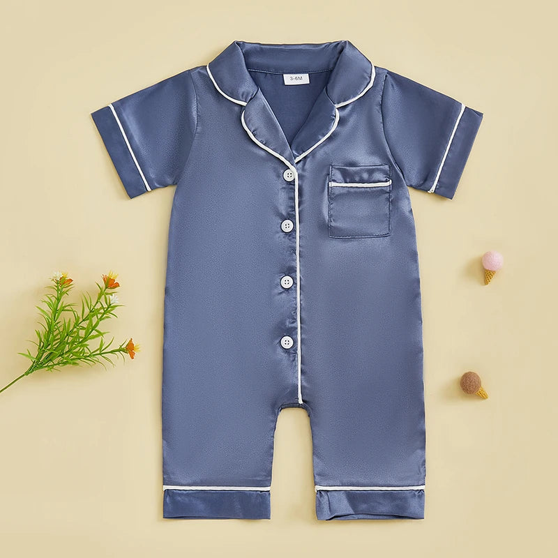Infant Unisex Sleepsuits s Color Block Lapel Short Sleeve Pajamas