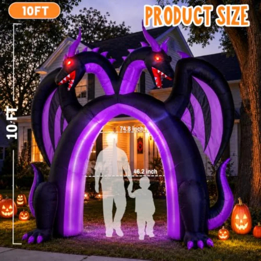 Halloween inflatable dragon archway for outdoor use, PVC material, black and red, double-headed walk-through design .