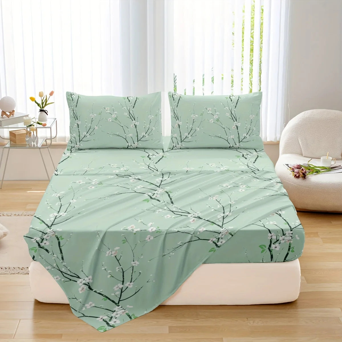 Dolin Plum Blossom Print Bedding Set (1 Fitted Sheet, 1 Flat Sheet, 2 Pillowcases) Ultra-Soft Breathable Fabric.