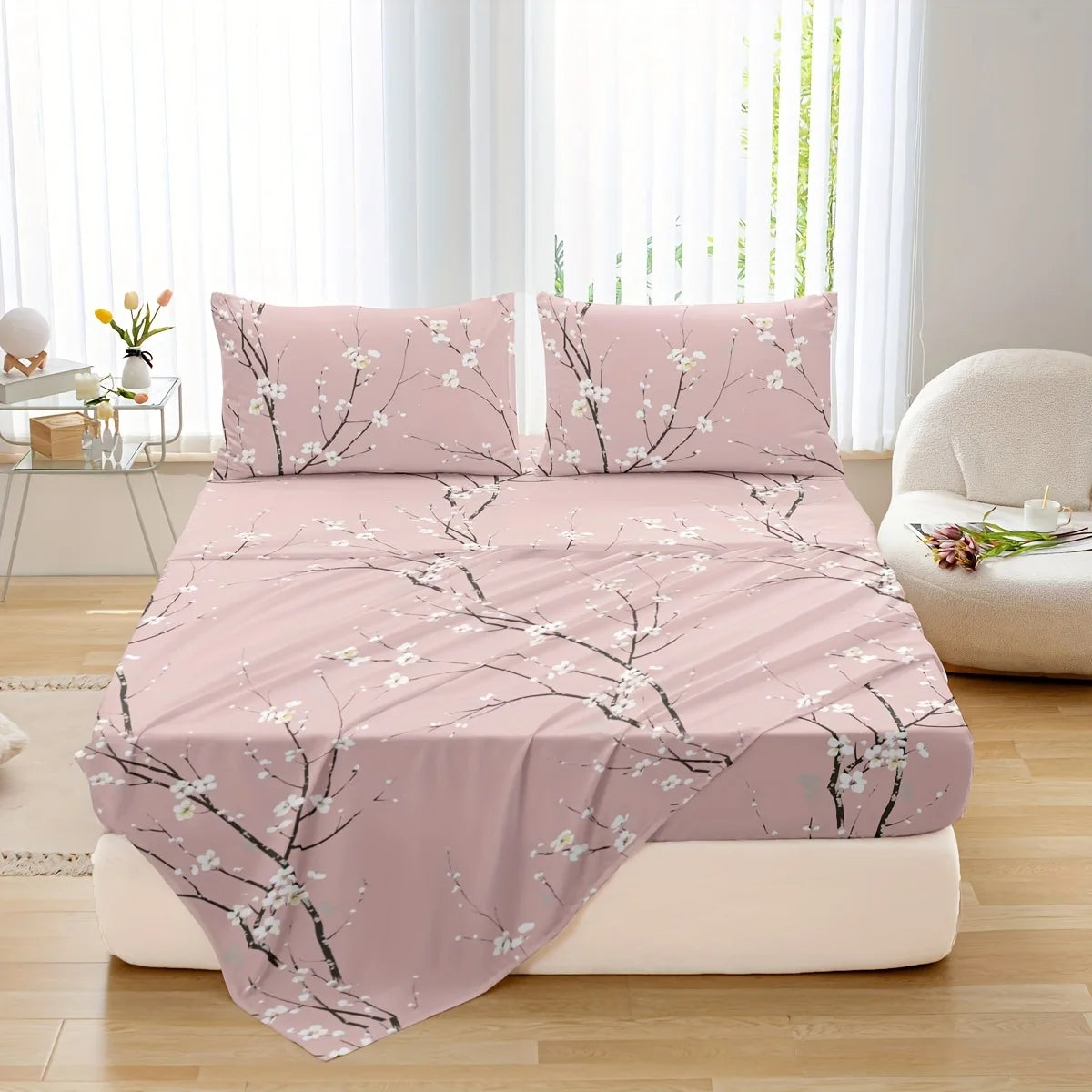 Dolin Plum Blossom Print Bedding Set (1 Fitted Sheet, 1 Flat Sheet, 2 Pillowcases) Ultra-Soft Breathable Fabric.