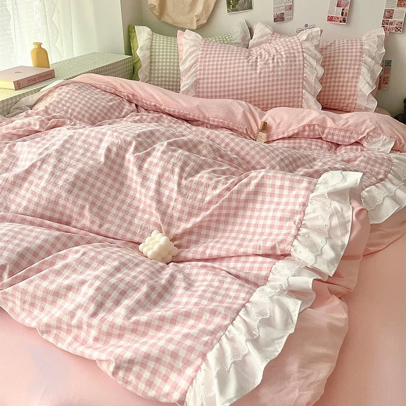 3 Piece Sheet Set  pink plaid duvet cover Set  Bedspread for All Season