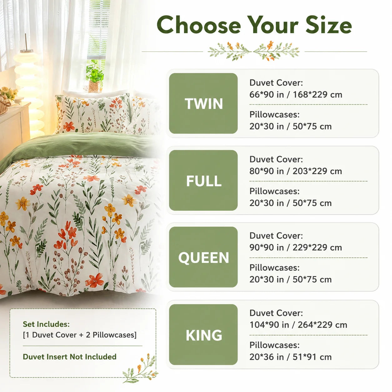 Botanical Floral Duvet Cover Set, Green White Bedding Set, Soft Plant Print Bed Cover with Pillowcases, .