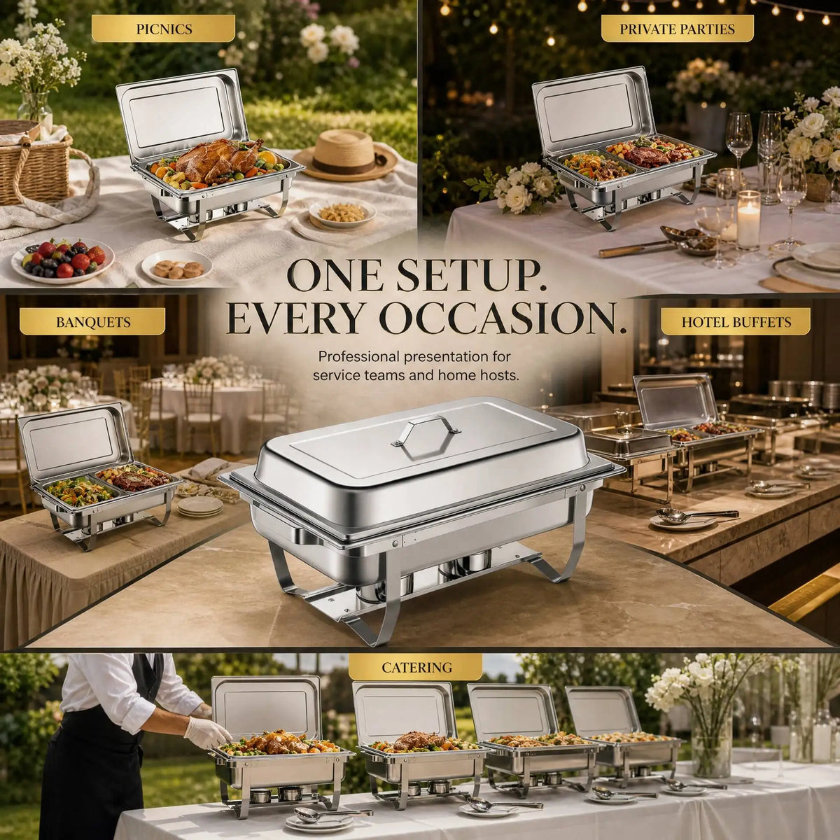 4 Pack 9.5 QT Stainless Steel Chafing Dishes Buffet Set, 7 Food Pans & Folding Stands,.