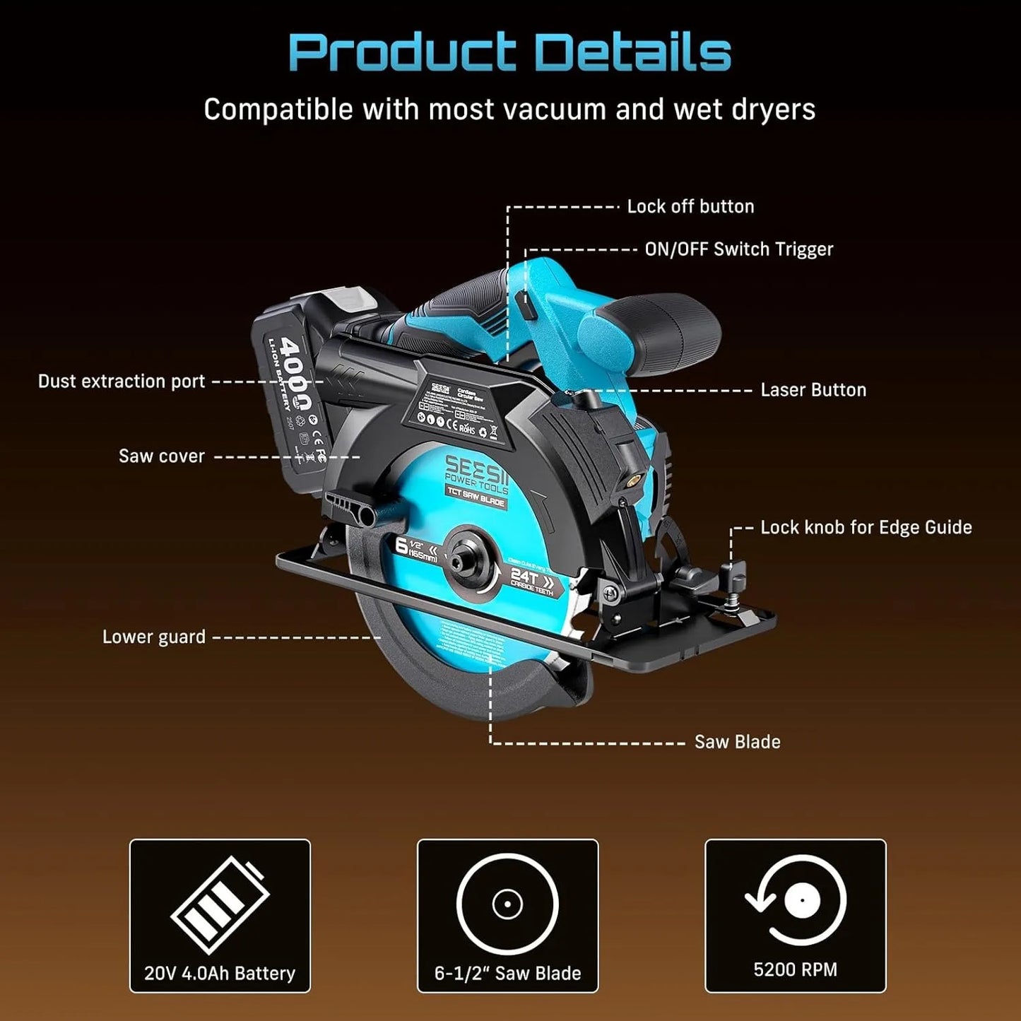 6-1/2" Cordless Circular Saw 5200 RPM Electric Power Saw 45degree Cut Adjustment Saw .