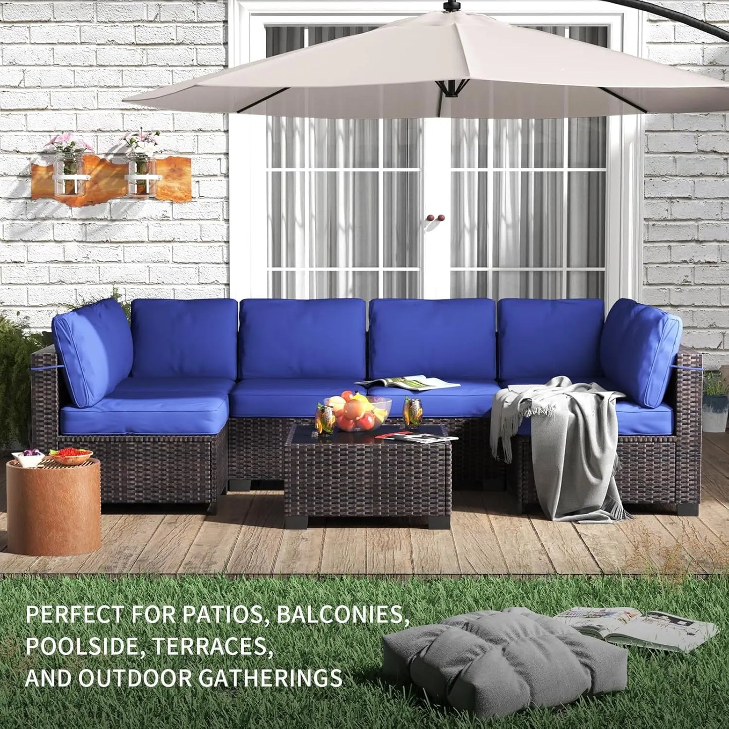 7-Piece Modular Outdoor Furniture Set, PE Rattan Wicker Sectional Modular Conversation Sofa Set, .