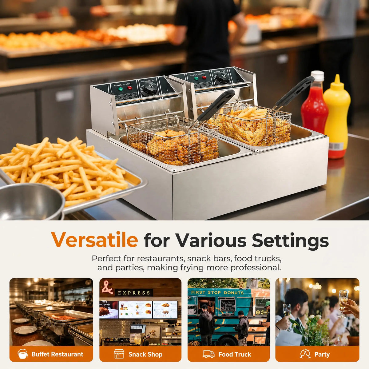 Commercial Deep Fryer, 3400W Electric Countertop Fryer with 2 Baskets & Lids, 22.8QT Dual Tank Stainless Steel .