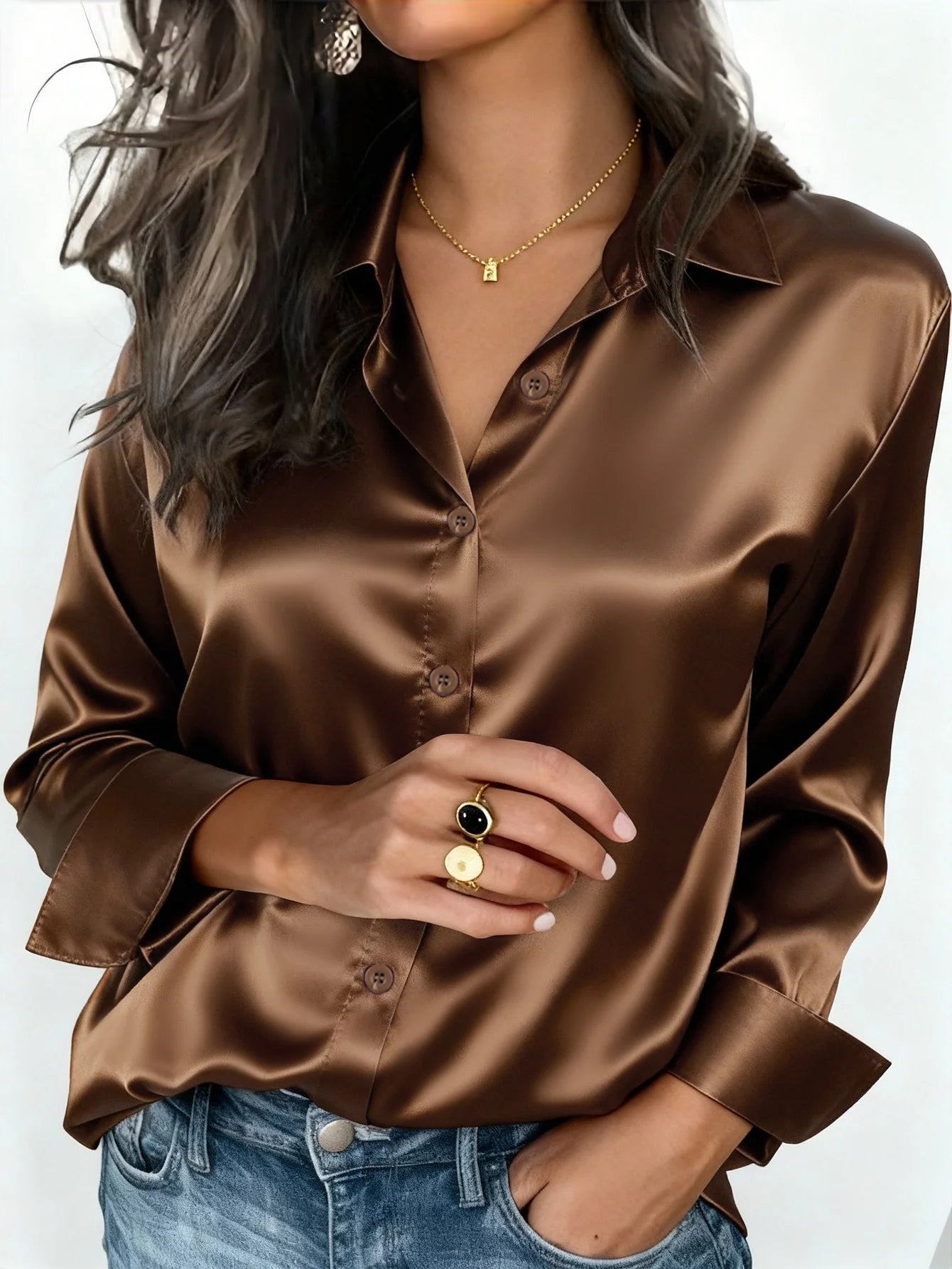 Women's Satin Button-Up Blouse, Apparel