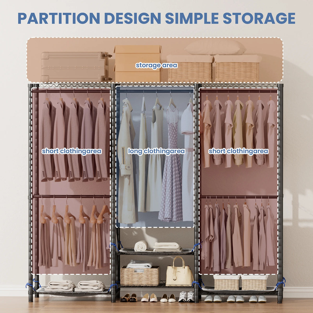 Portable Closet Wardrobe Storage Clothes Rack with Adjustable Non-Woven Fabric Cover