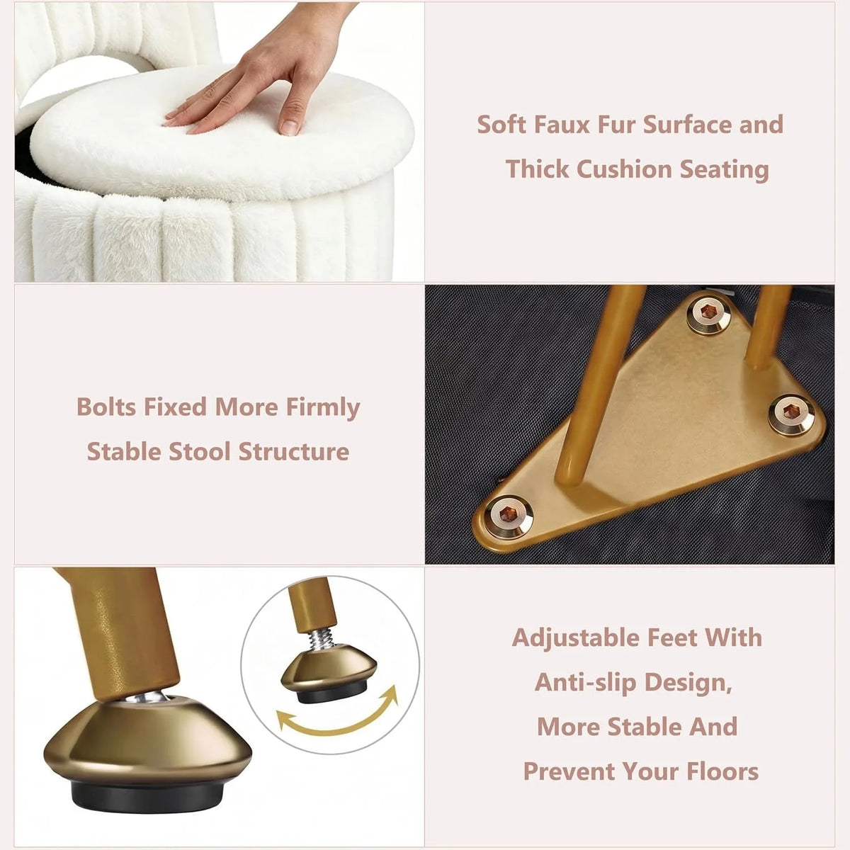 White Faux Fur Vanity Stool Chair with 7.9 Liter Hidden Storage Folding Backrest Thick Padded Seat Gold Metal Legs .