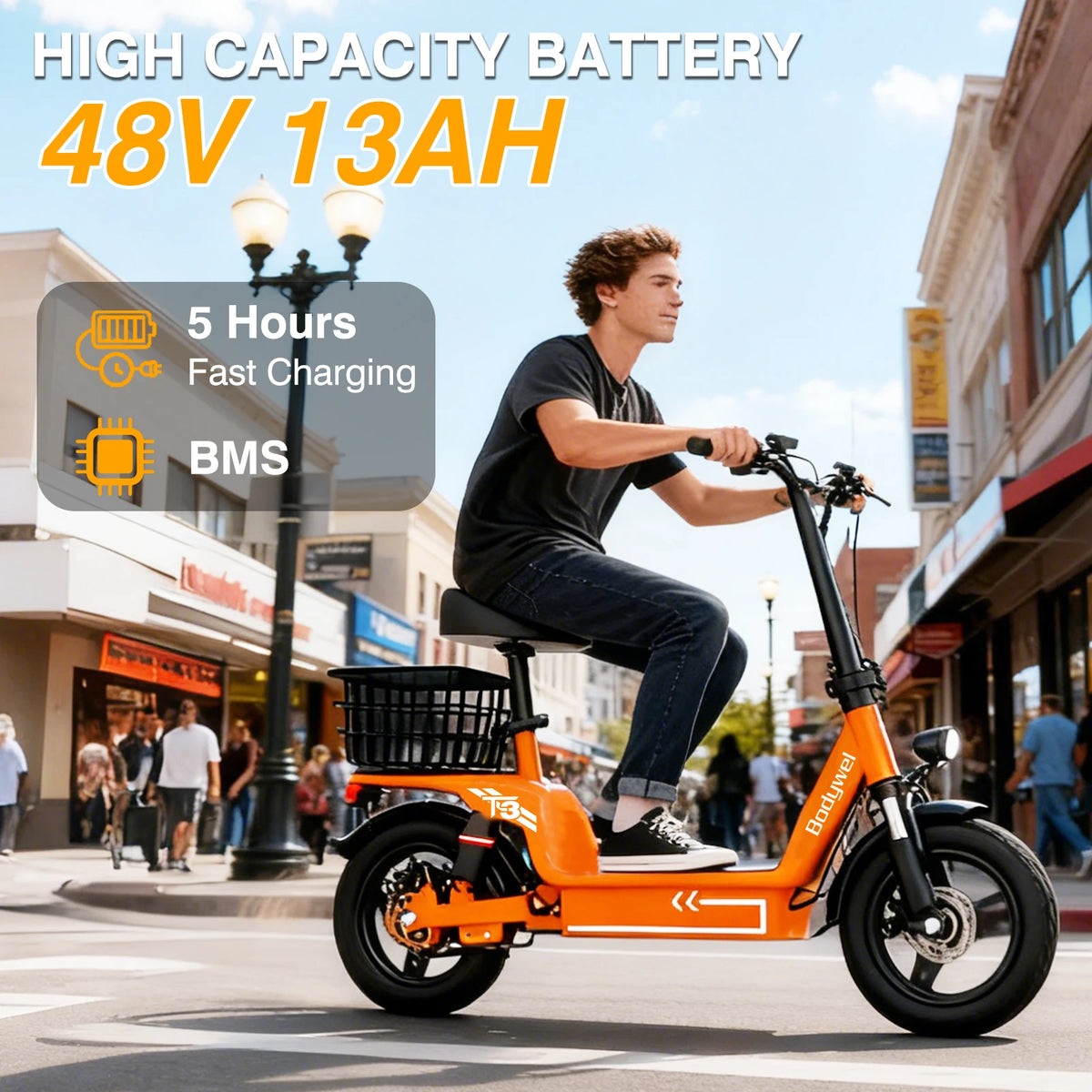 Bodywel T3 Folding Electric Scooter for Adults, 48V 13Ah Full Shock Foldable EScooter with Seat.