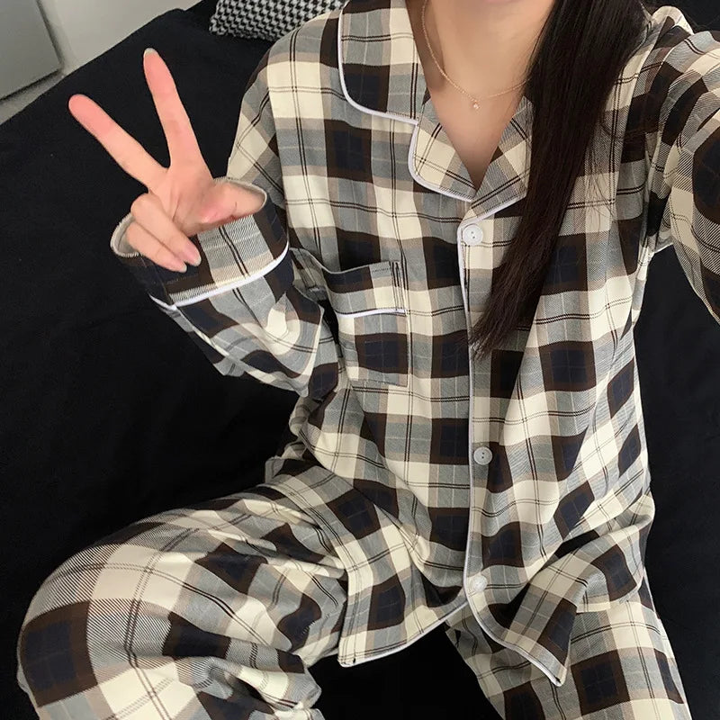 Korean Style Long-Sleeved Pajamas Set for Women Spring Autumn