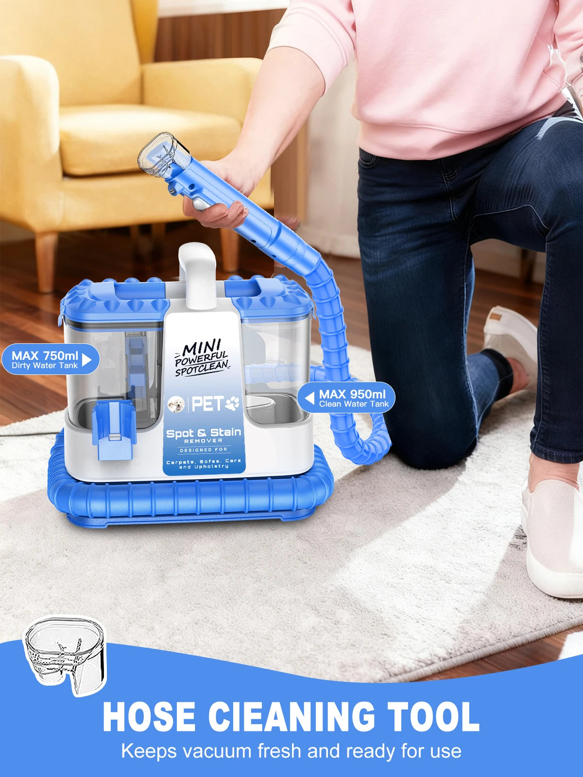 Carpet + Upholstery Cleaner Machine, 32Kpa Powerful Suction w/ 5 Cleaning Tools,.