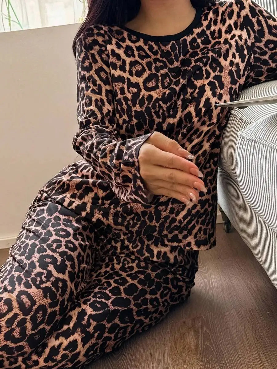 Leopard Print Long Sleeve Pajama Set Women