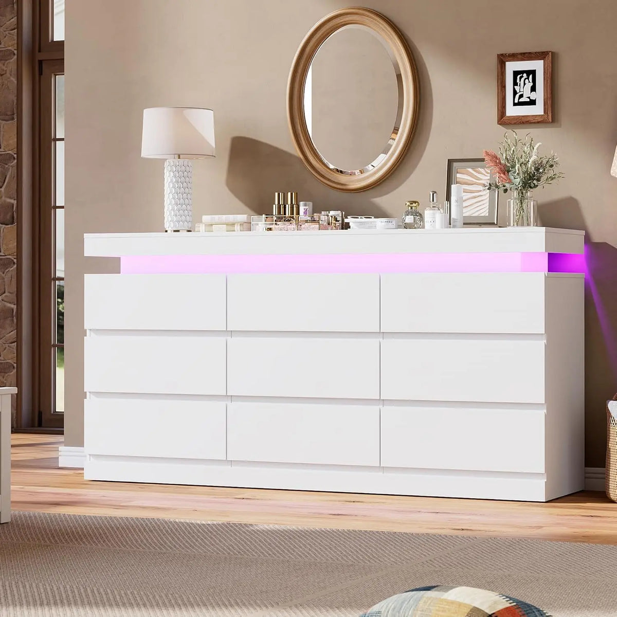 63in 9 Drawer Dresser With LED Lights & Charging Station, .