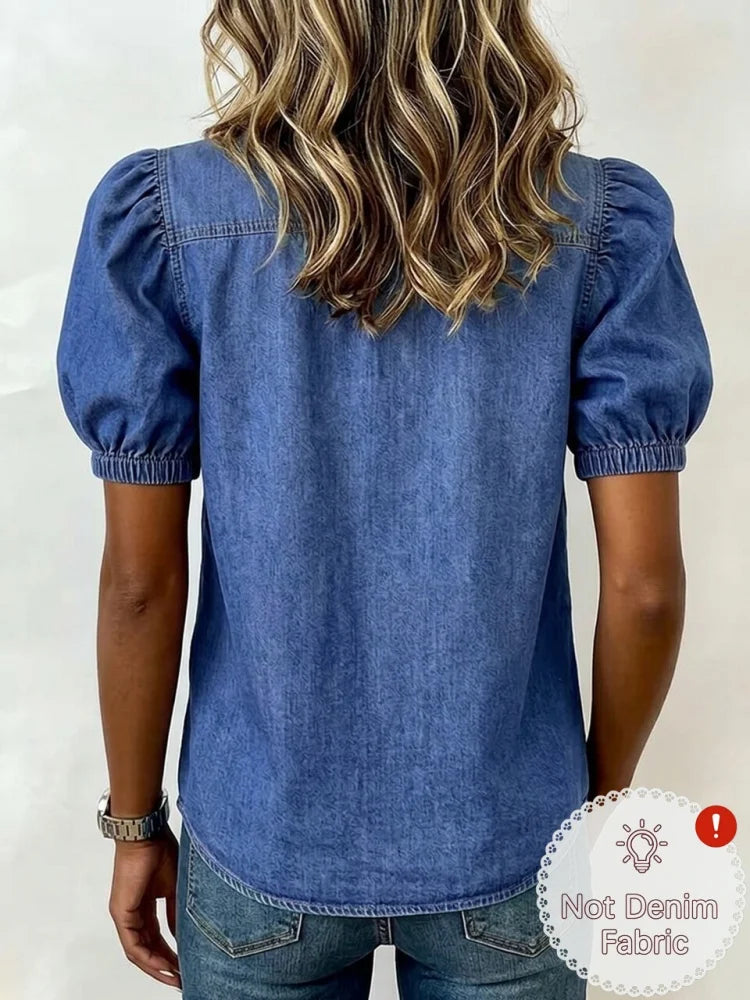 Round Neck Puff Short Sleeve Ruffle Placket Button Front Loose Casual Blouse.