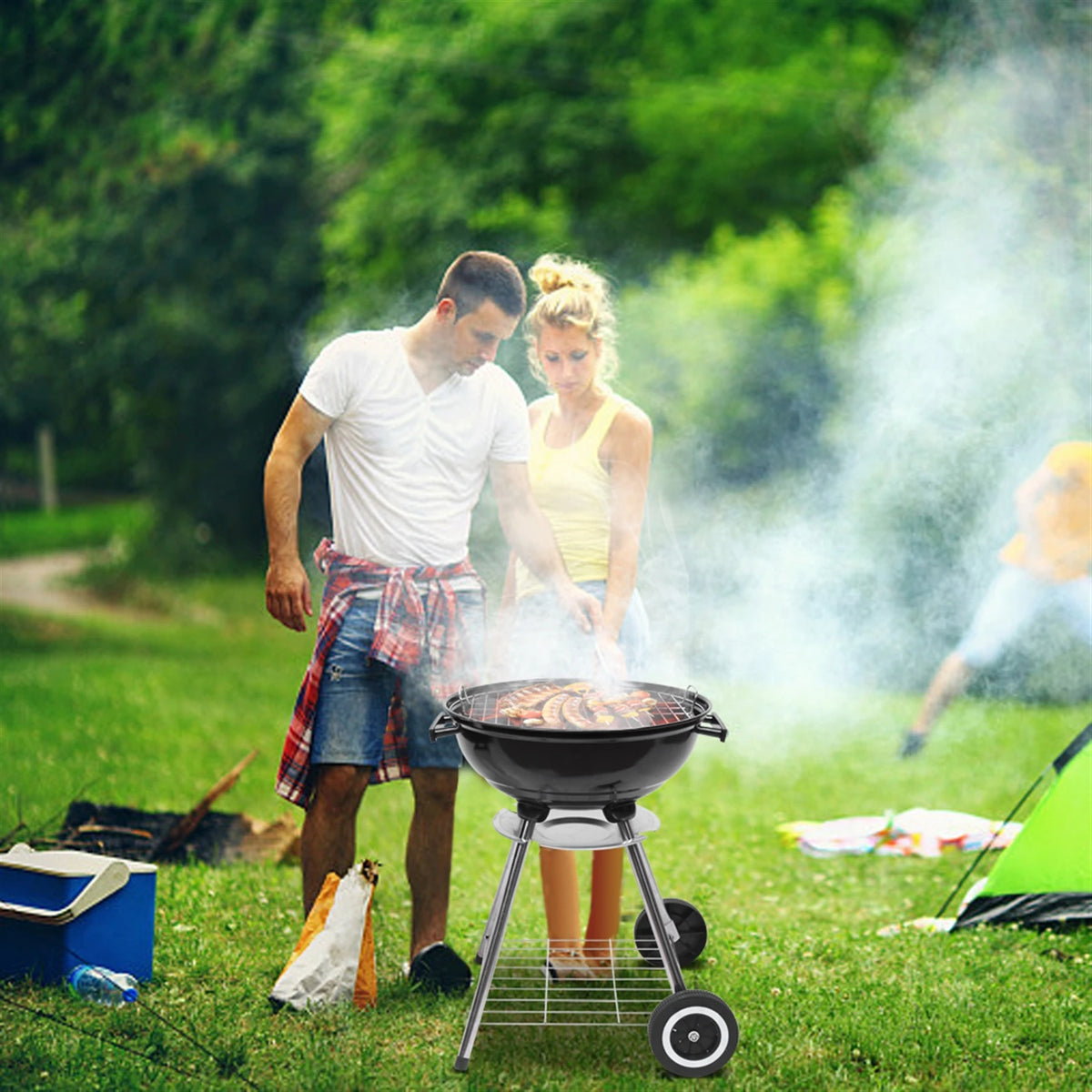 Portable Charcoal Grill with Thermometer & Wooden Handle.