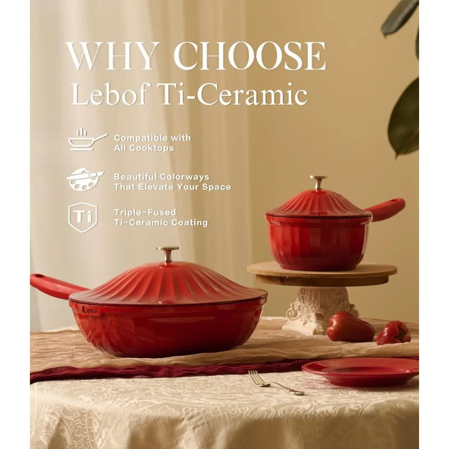 Nonstick Ceramic Cookware Set 7 Piece Titanium Cast Aluminum Pots and Pans Set with Lids.