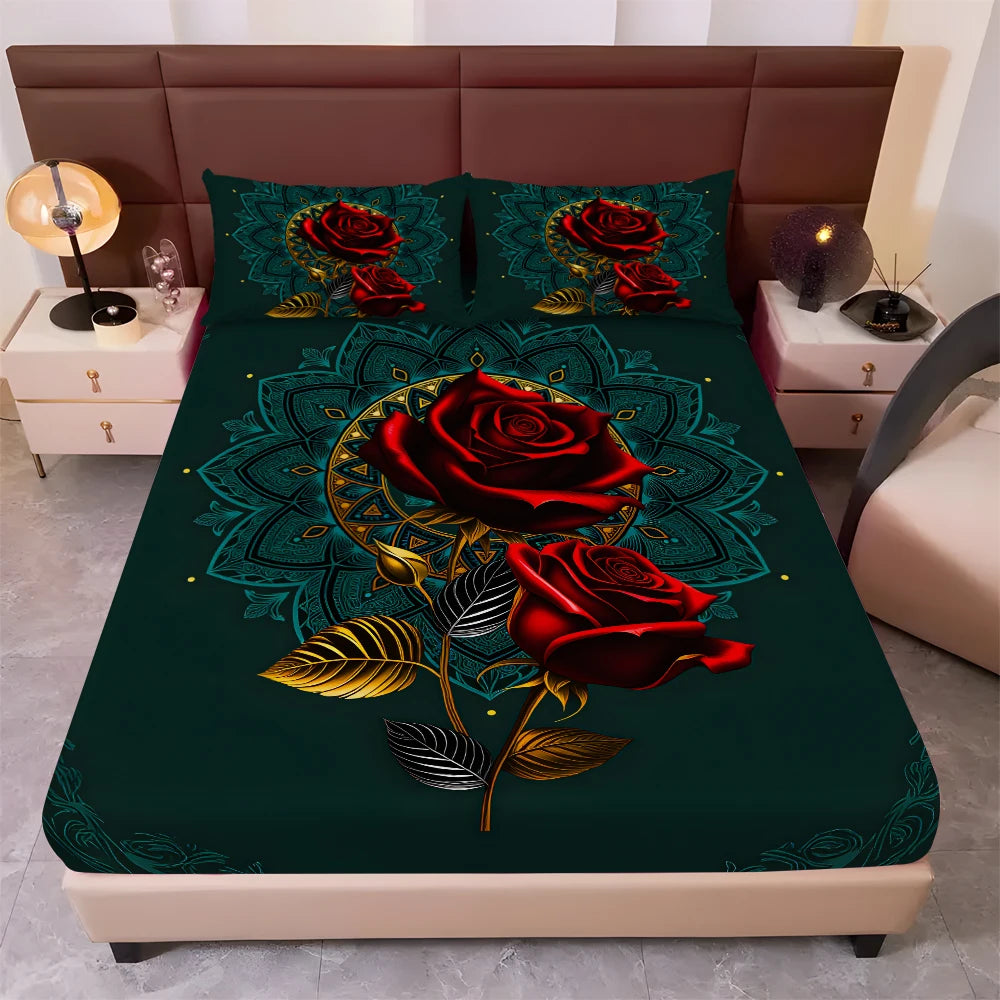 3Piece Bed Sheet Set Green&Rose Flower Printing 1 Fitted Sheet 2 Pillowcases. Microfiber Deep Pocket Full Queen King
