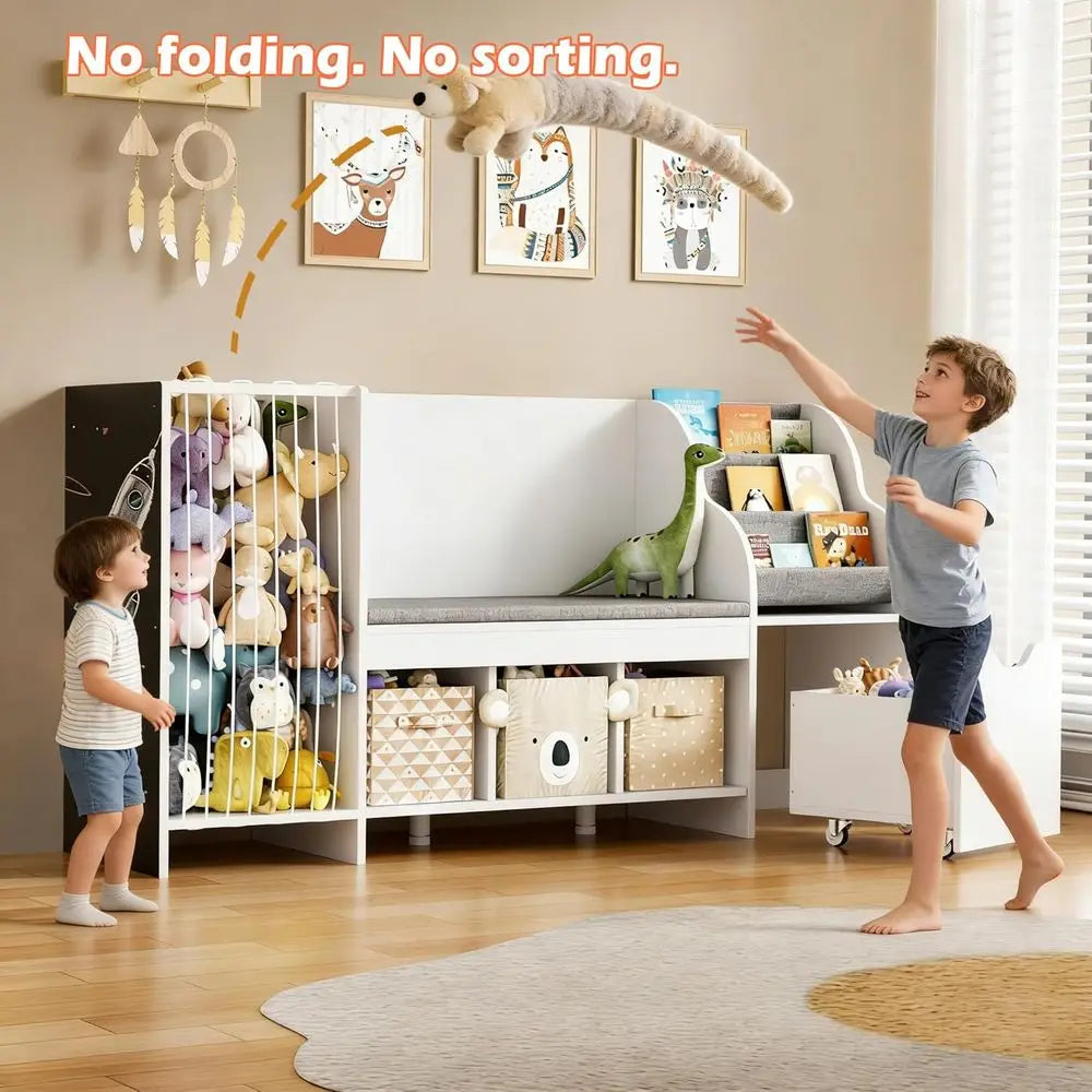 Children's Reading Corner with Storage, Animal Holder, Cushioned Seat,.