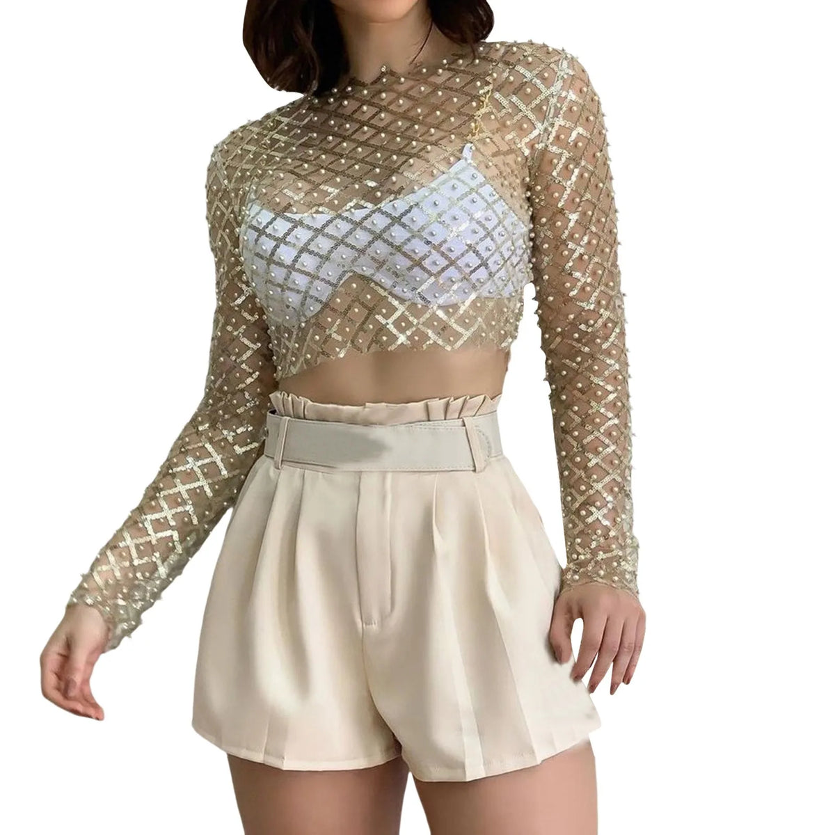 Sequin Mesh Cold Shoulder Blouse Tops Splice T-Shirt Long Sleeves Loose Women Shirts.