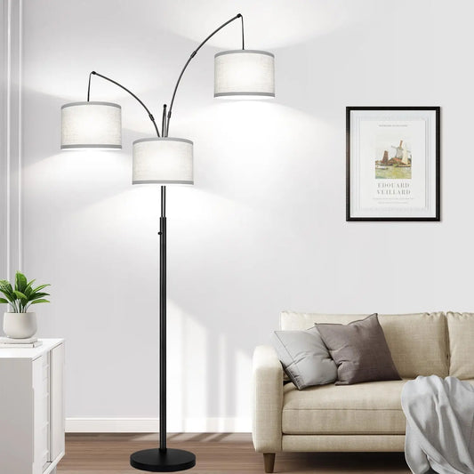 Black Modern‑Arc Tree‑Shape 3‑Light Dimmable Tall Standing Floor Lamp, Grey‑Linen Shades, Heavy‑Base, 3000‑LM LED Bulbs .