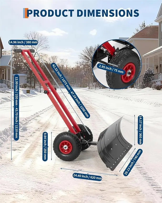 36cm  Wheeled Snow Shovel,Snow Pusher w/Adj Handle Carbon Steel Blade..