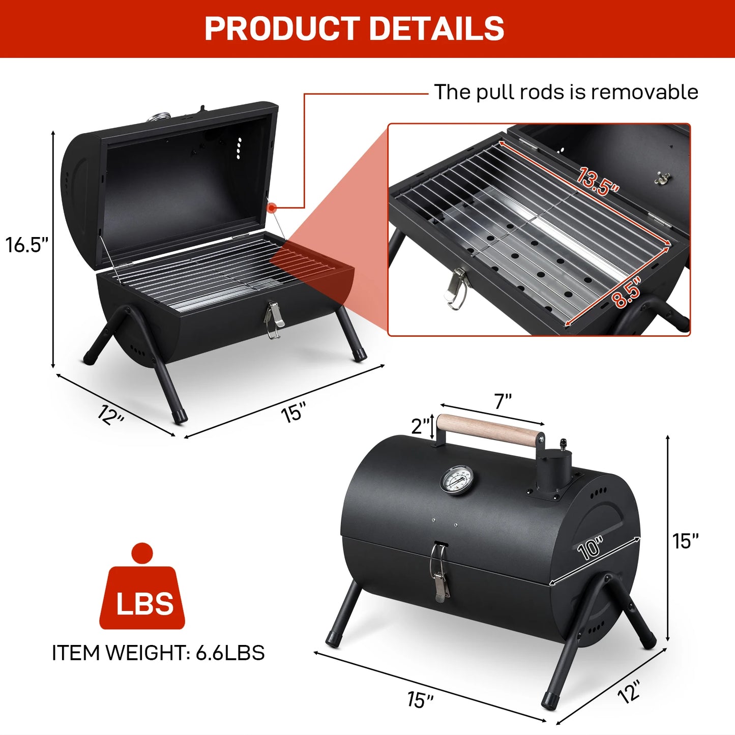 Portable Charcoal Grill with Thermometer and Wooden Handle Compact Tabletop.