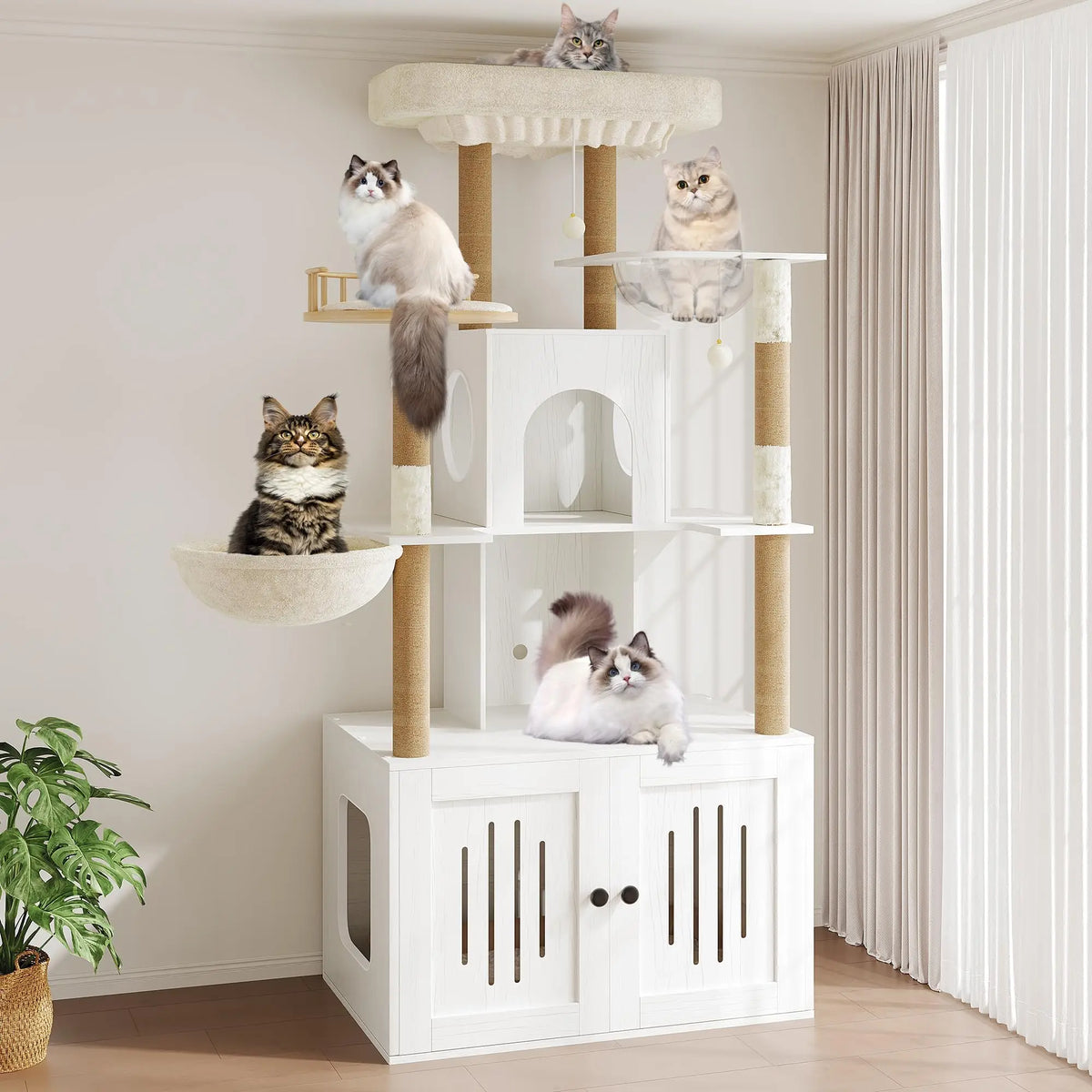 Multi-Level Cat Tree with Hidden Litter Box Enclosure Sisal Scratching Posts Condo & Hammock . Modern Litter Box Furniture
