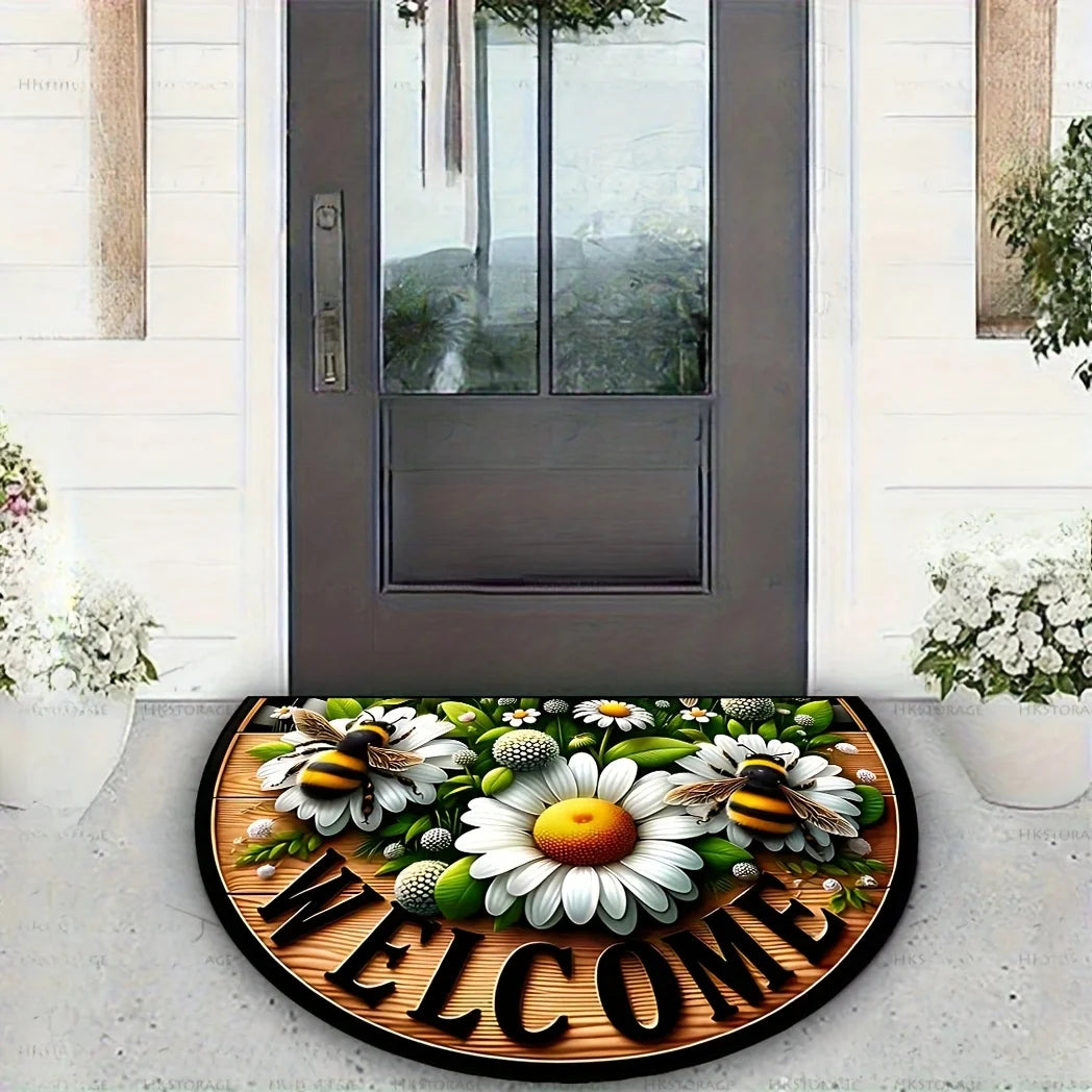 1Pc Flower And Bee Theme Semi-circular Carpet, WELCOME MAT