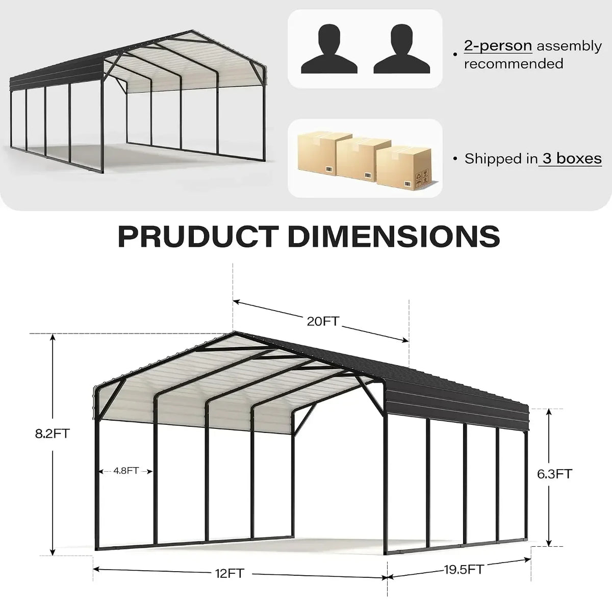 12x20 FT Metal Carport Enhanced Base Heavy Duty Garage Carports,