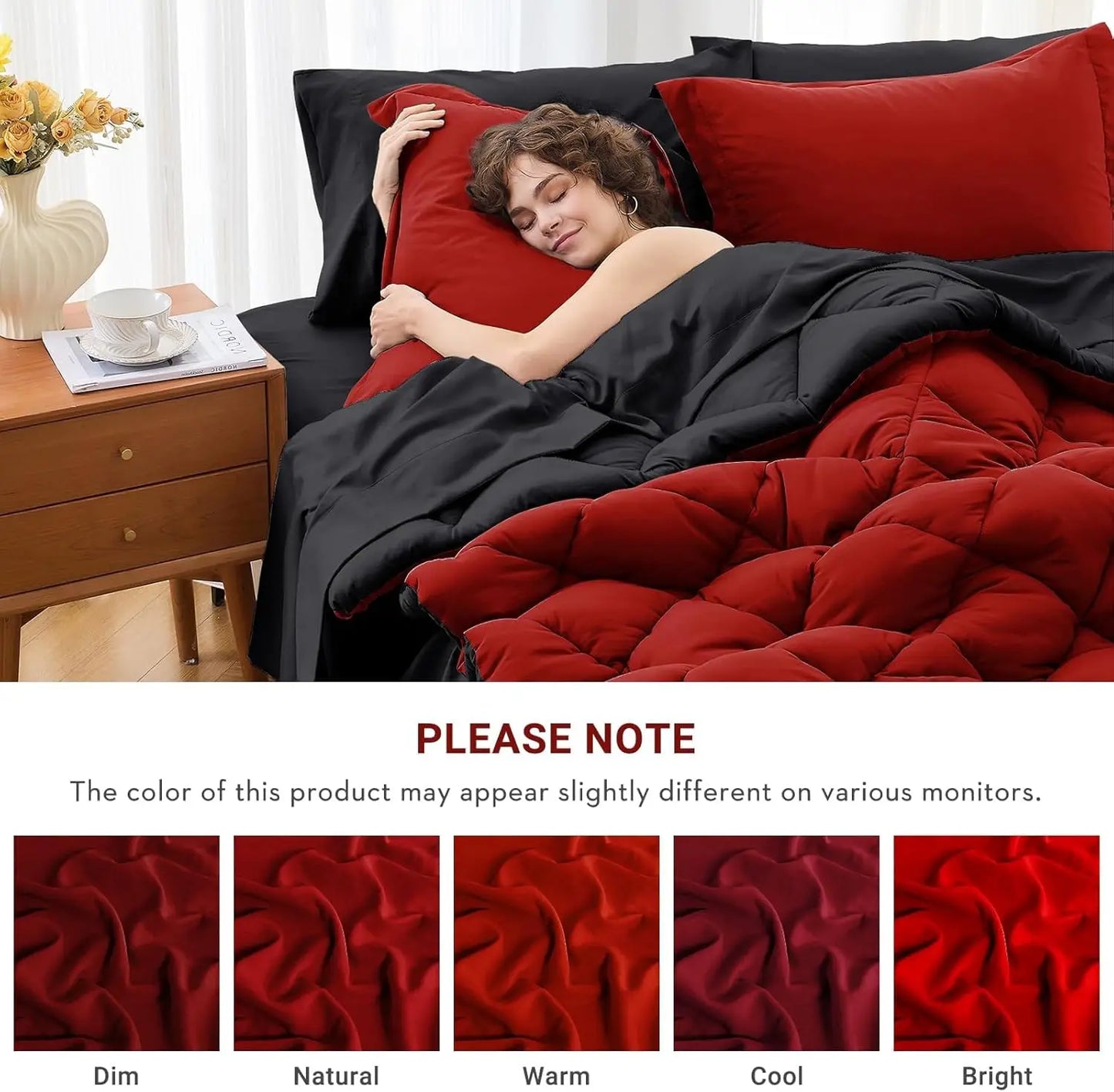 7 Pieces California King Comforter Set Reversible Bed in a Bag.  Red Black