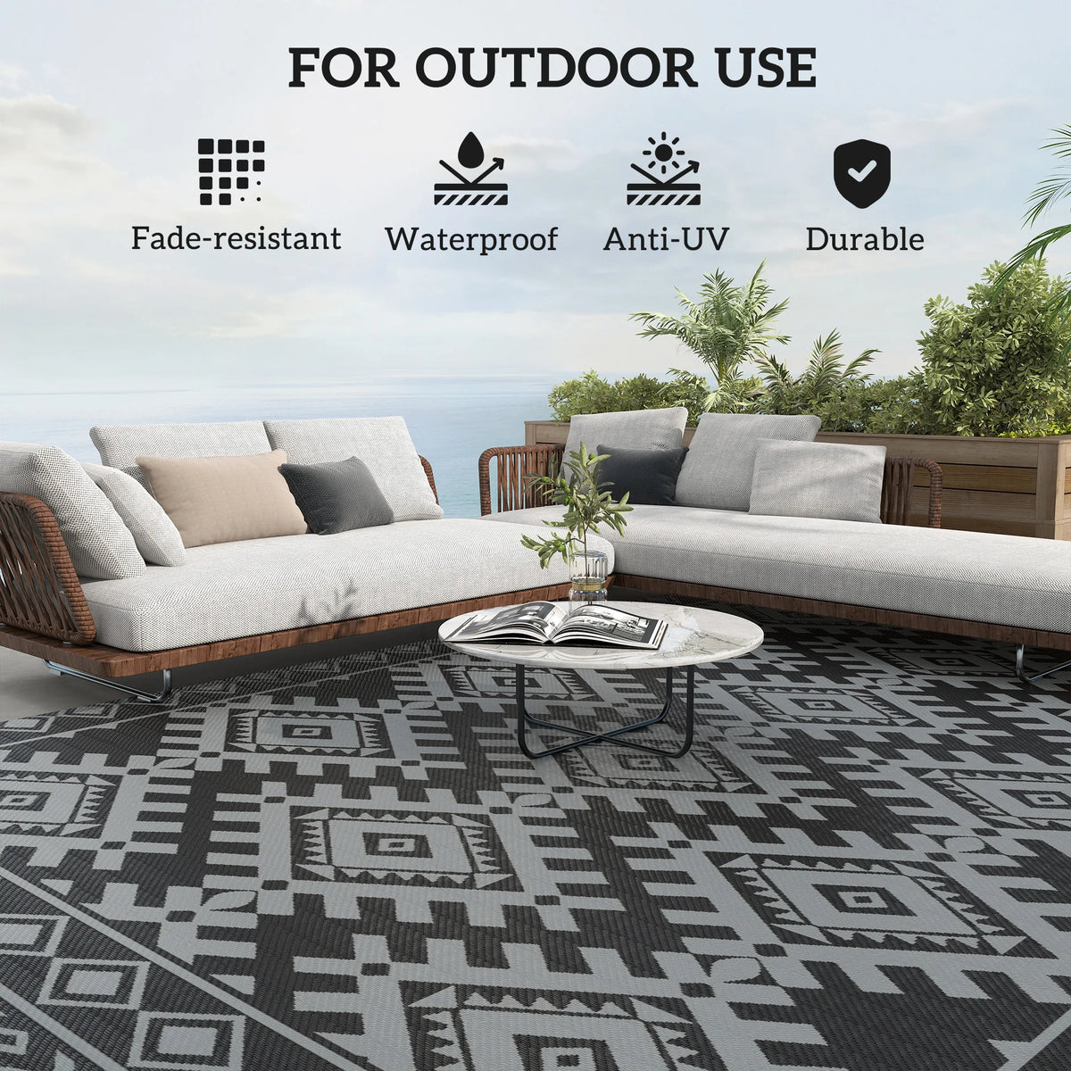 Outdoor Rug, 9' x 18' Floor Mat, Black Gray Rhombus Border