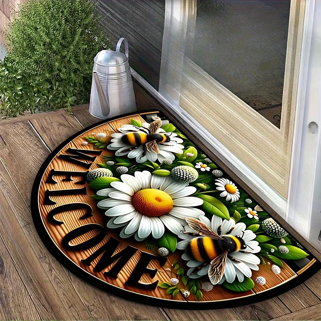 1Pc Flower And Bee Theme Semi-circular Carpet, WELCOME MAT