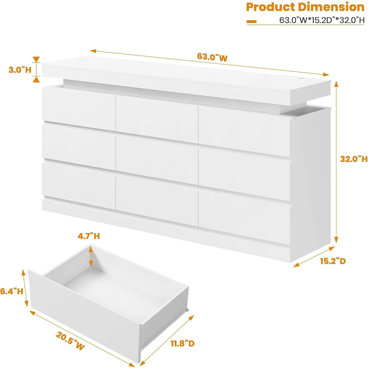 63in 9 Drawer Dresser With LED Lights & Charging Station, .