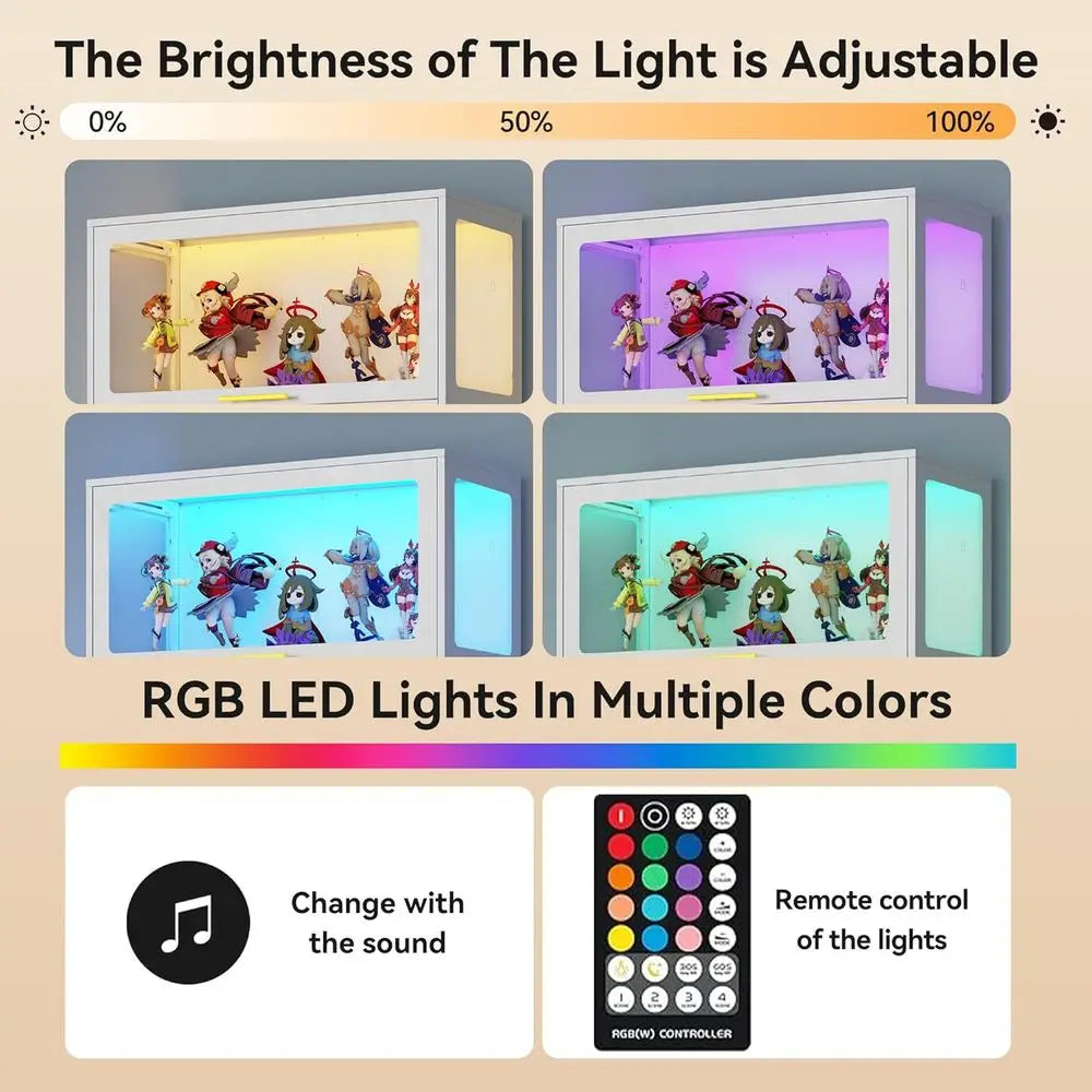 65 Tall Glass Display Cabinet with RGB LED Lights, 4-Tier Showcase for Figurines, Collectibles, Books (White)