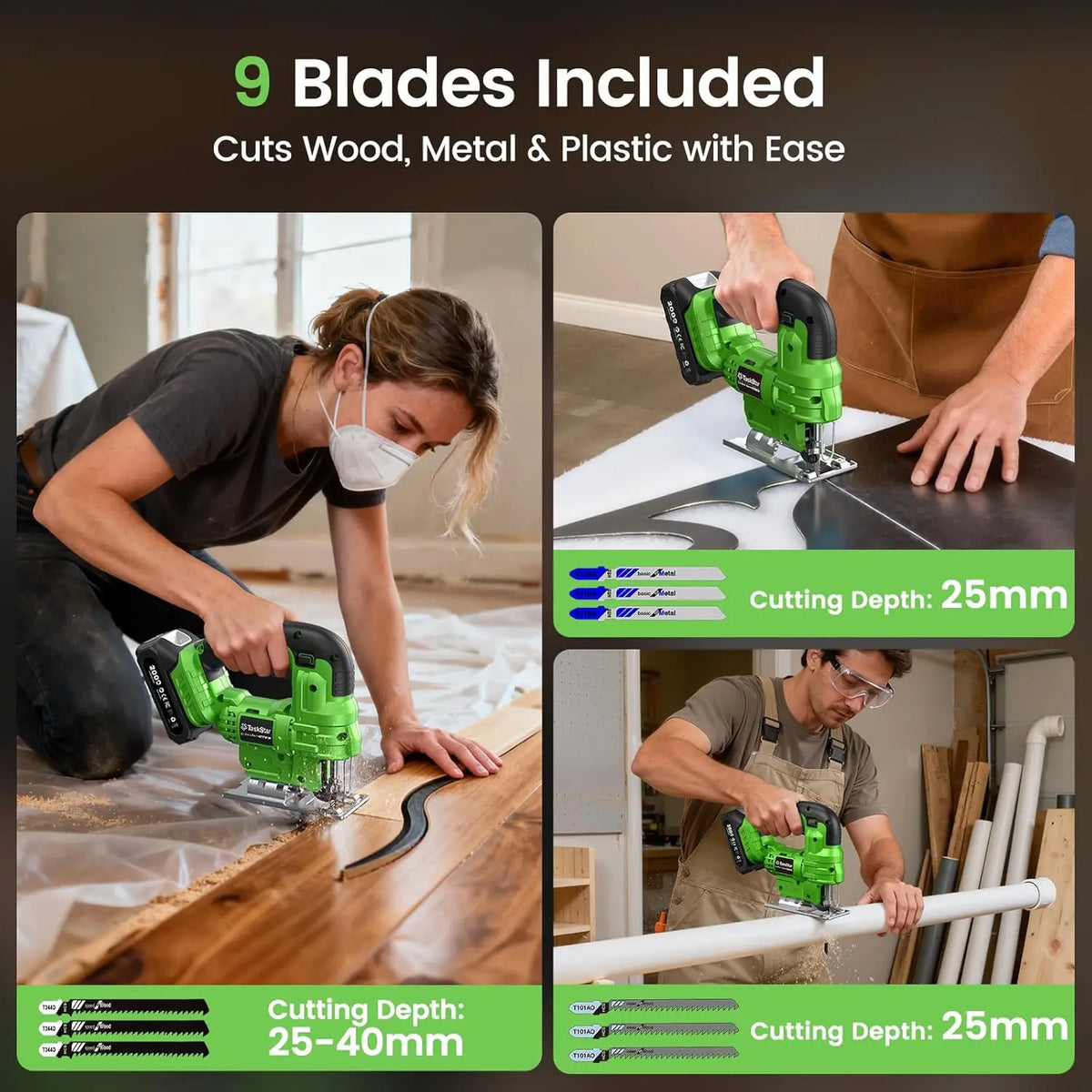 Cordless Jig Saw Tool With 2*4.0Ah Batteries Brushless 9 Blades 0–45° Bevel Cutting 4 Orbital Setting Straight Curved Cuts.