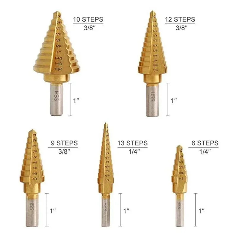 5-Piece Titanium-Coated High Speed Steel with Automatic Center Punch for Drilling Sheet Metal.