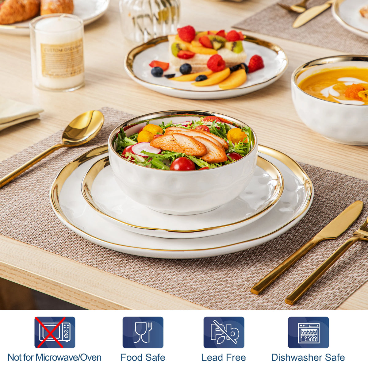 12/24 Piece Ceramic Porcelain White and Golden Rim Dinnerware Sets