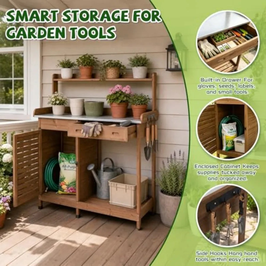 Outdoor Potting Bench Table .Wooden Frame With Metal Tabletop; Natural Brown; .