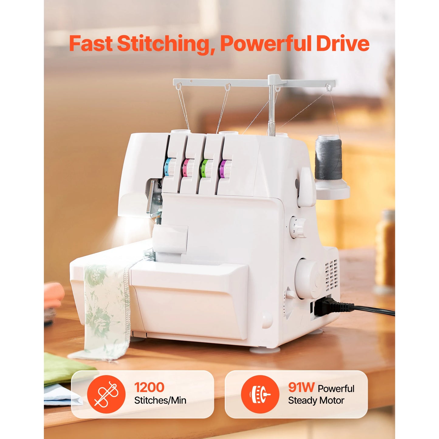 Serger Overlock Sewing Machine 1250 Stitches Per Minute 2-3-4 Thread Capability 0.7-2 Adjustable Differential Feed