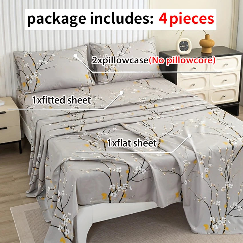 Dolin Plum Blossom Print Bedding Set (1 Fitted Sheet, 1 Flat Sheet, 2 Pillowcases) Ultra-Soft Breathable Fabric.