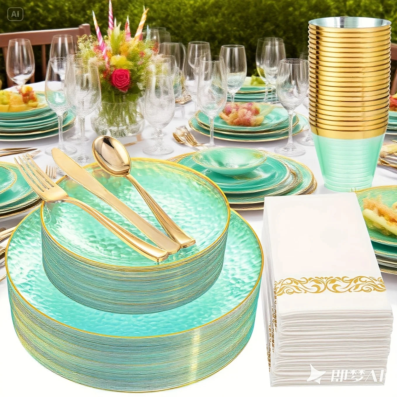 350-Piece Transparent Green Plastic Plates + Matching Green & Gold Cutlery Set