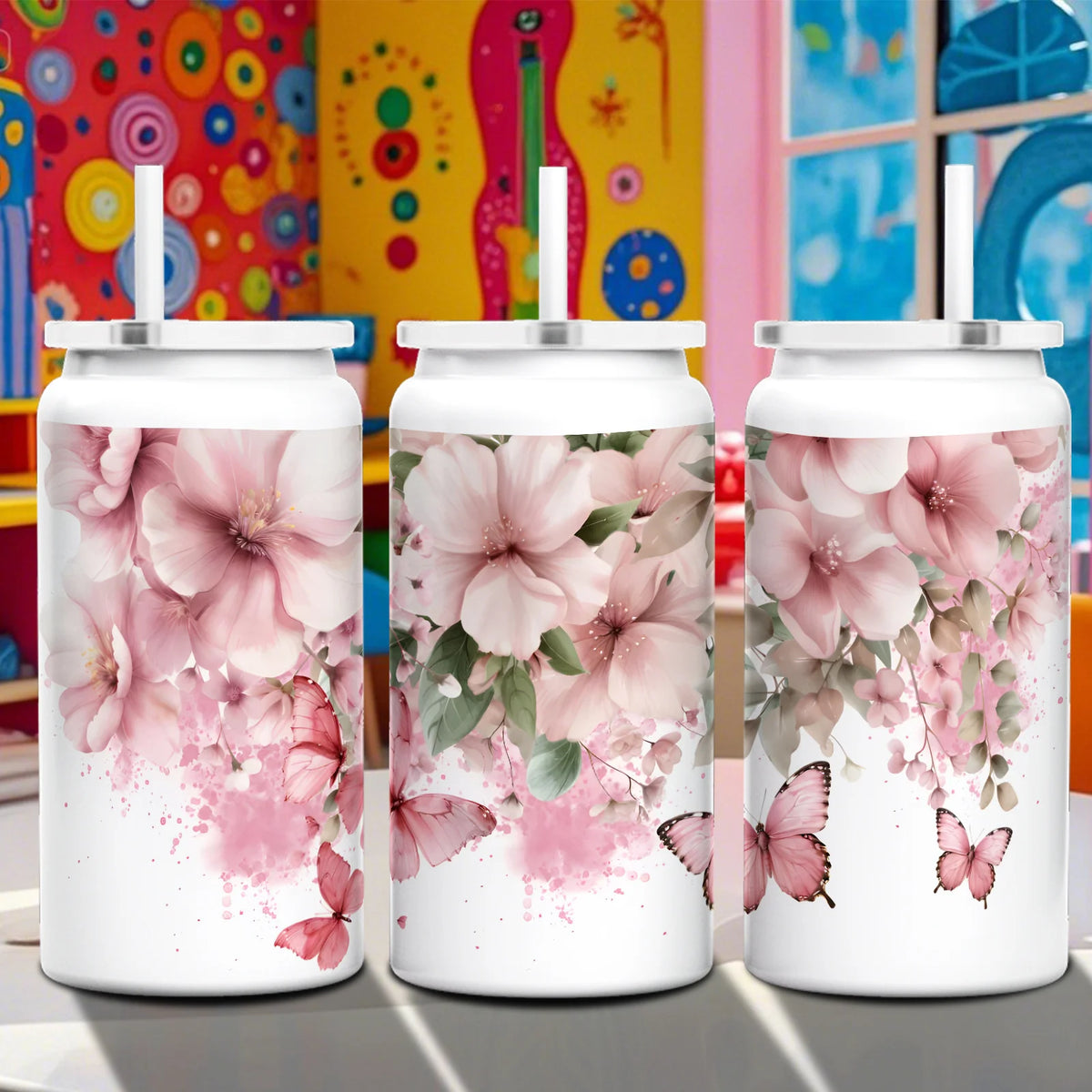 1pc of a 16Oz/40Oz Pink Floral Butterfly Tumbler Featuring a Handle And Straw Designed to Fit in Cup Holders