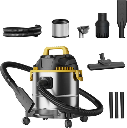 5 Gallon Stainless Steel Wet Dry Vacuum Cleaner with Blower Function, Strong Suction for Dust, Debris, Liquid.
