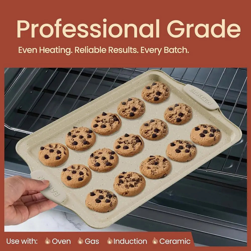Oven Pans - Nonstick Gray Coating, Carbon Steel Bakeware Set with White Silicone Handles,